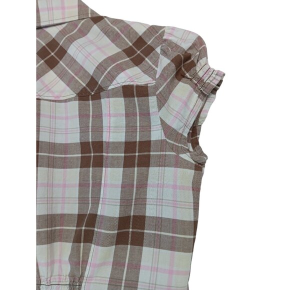 SO Women's Plaid Short Sleeve-Button down Shirt- MEDIUM -Brown-White-Pink - Picture 12 of 16